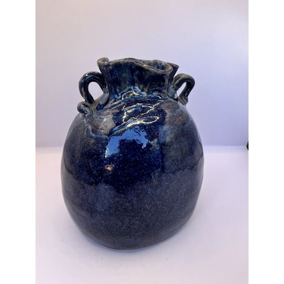 Hand Thrown Studio Art Pottery Stoneware Vase Blue Glossy Glaze Signed 6.5” - Picture 1 of 7